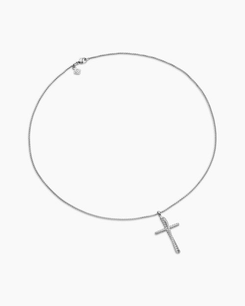 Womens Crossover Cross Necklace in Sterling Silver with Diamonds, 35.6mm