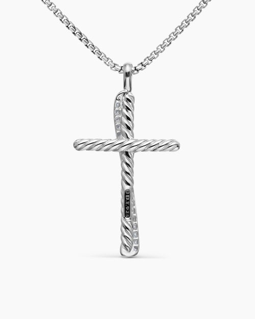 Womens Crossover Cross Necklace in Sterling Silver with Diamonds, 35.6mm