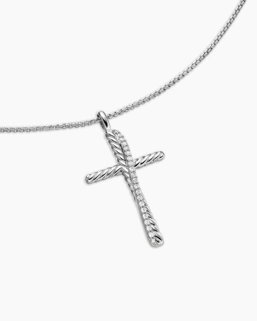 Womens Crossover Cross Necklace in Sterling Silver with Diamonds, 35.6mm