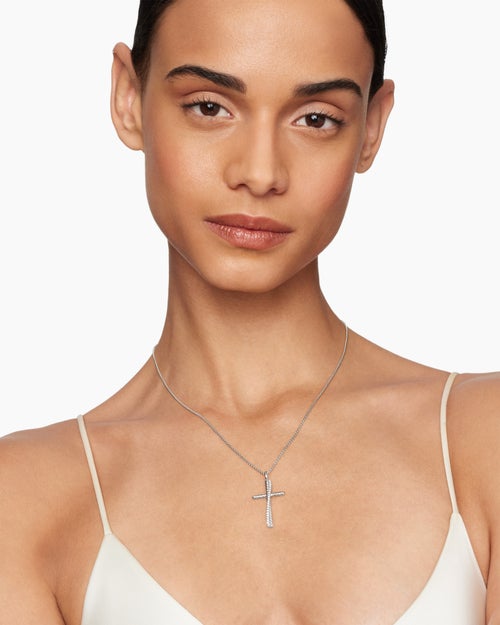 Womens Crossover Cross Necklace in Sterling Silver with Diamonds, 35.6mm