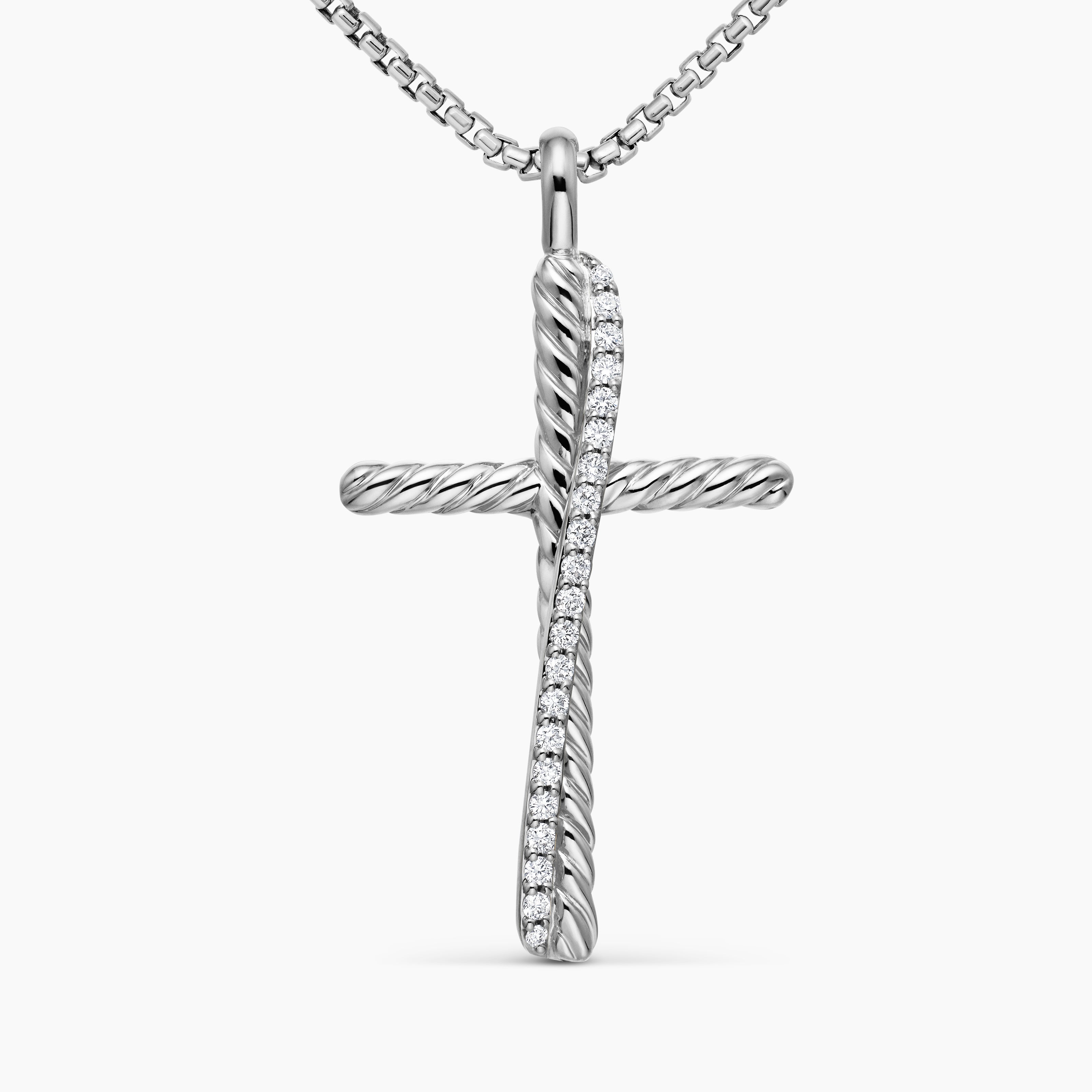 Womens Crossover Cross Necklace in Sterling Silver with Diamonds, 35.6mm