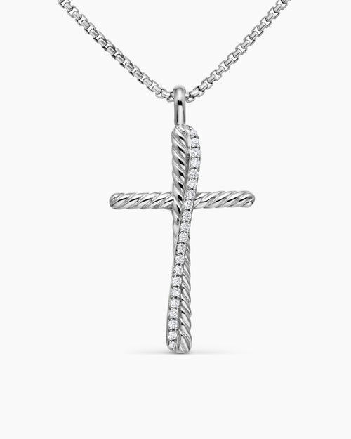 Womens Crossover Cross Necklace in Sterling Silver with Diamonds, 35.6mm