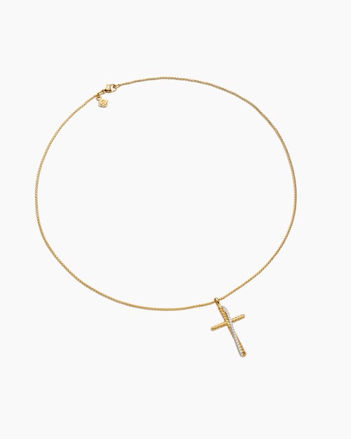 Womens Crossover Cross Necklace in 18K Yellow Gold with Diamonds, 35.6mm