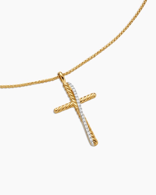 Womens Crossover Cross Necklace in 18K Yellow Gold with Diamonds, 35.6mm
