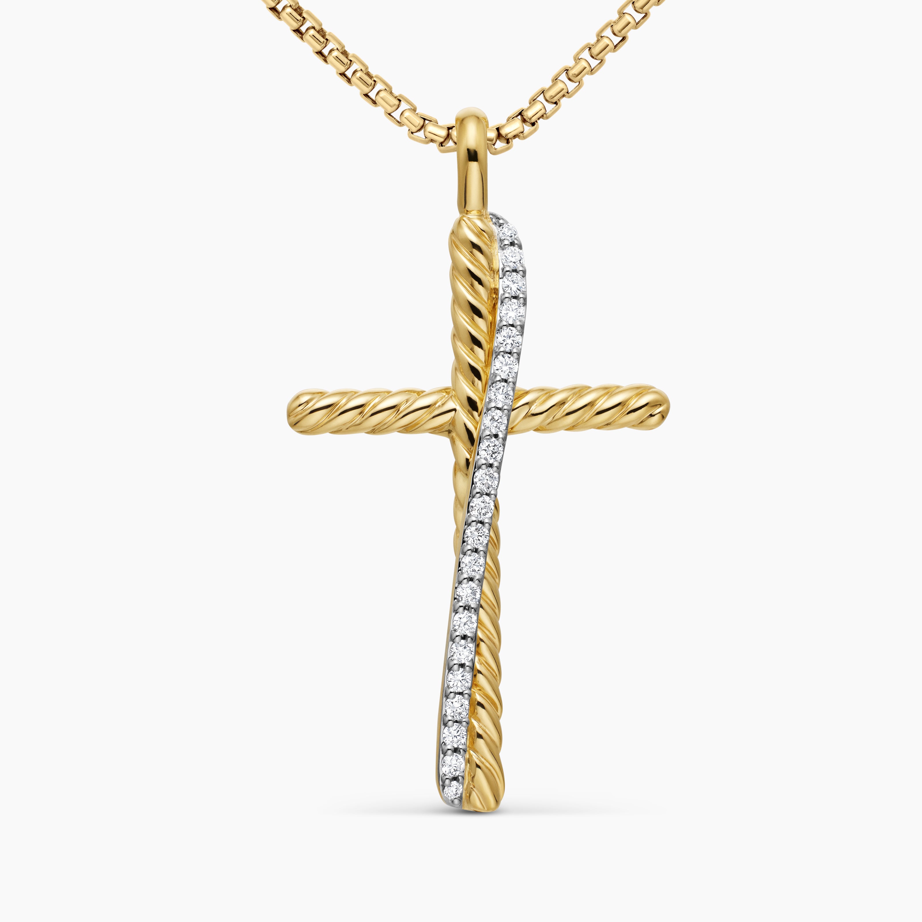 Womens Crossover Cross Necklace in 18K Yellow Gold with Diamonds, 35.6mm