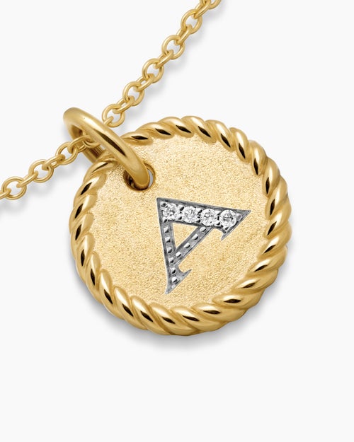 Womens Initial Charm Necklace in 18K Yellow Gold with Diamond A