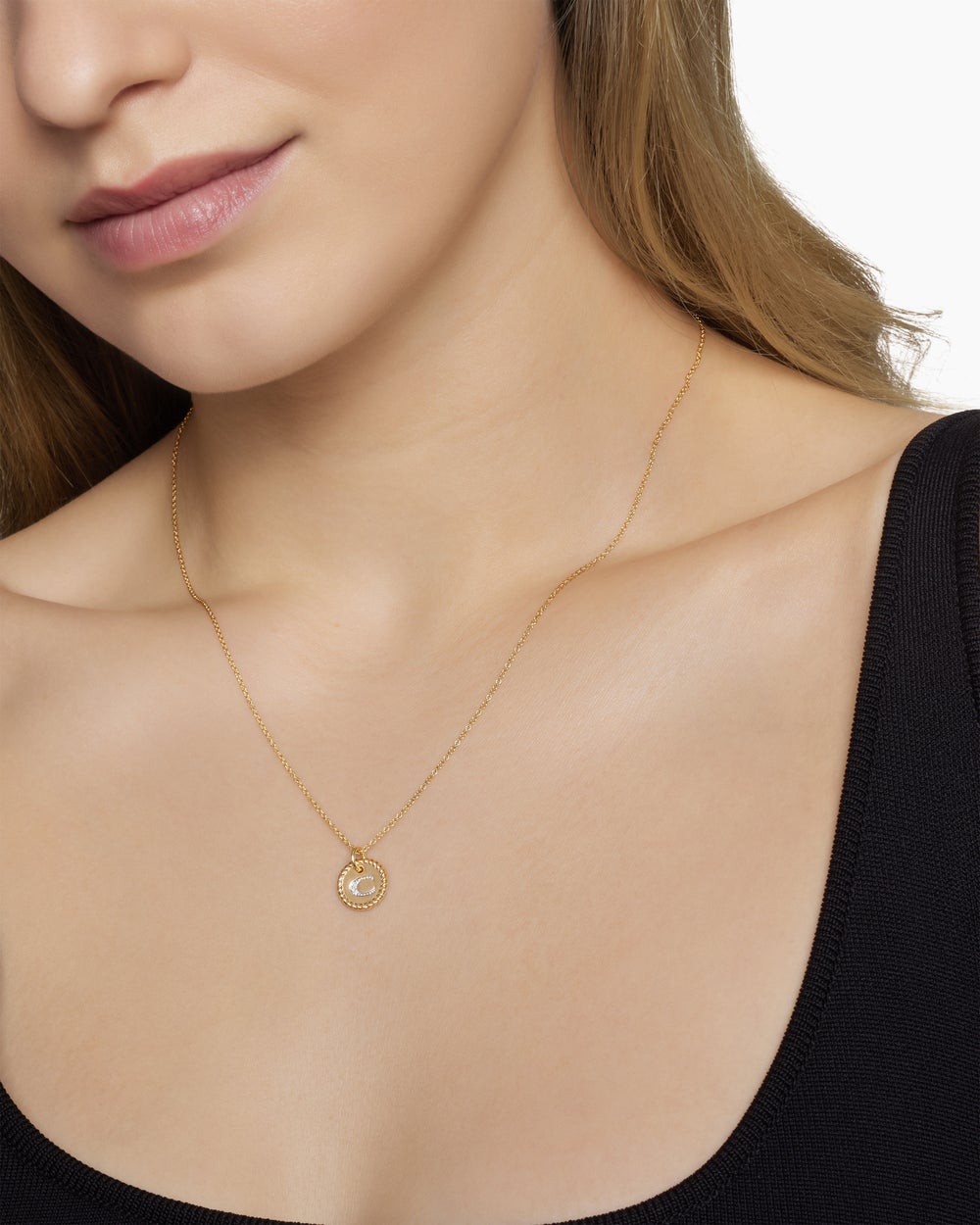 Womens Initial Charm Necklace in 18ct Yellow Gold with Diamond C