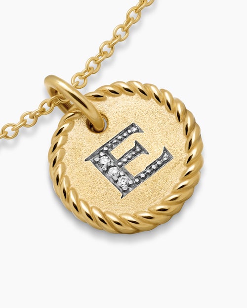 Womens Initial Charm Necklace in 18K Yellow Gold with Diamond E