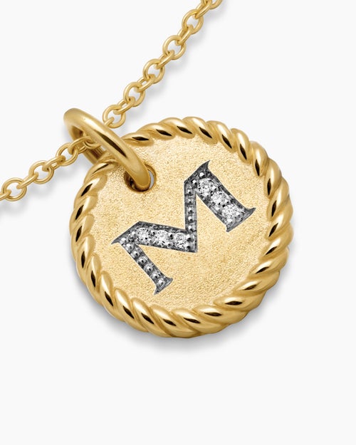 Womens Initial Charm Necklace in 18K Yellow Gold with Diamond M