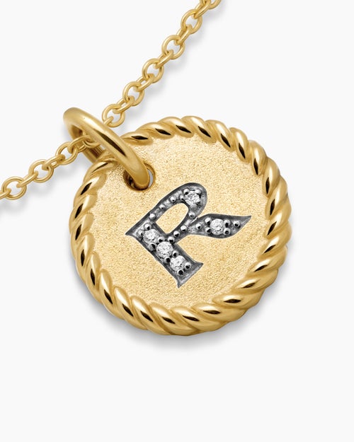 Womens Initial Charm Necklace in 18K Yellow Gold with Diamond R