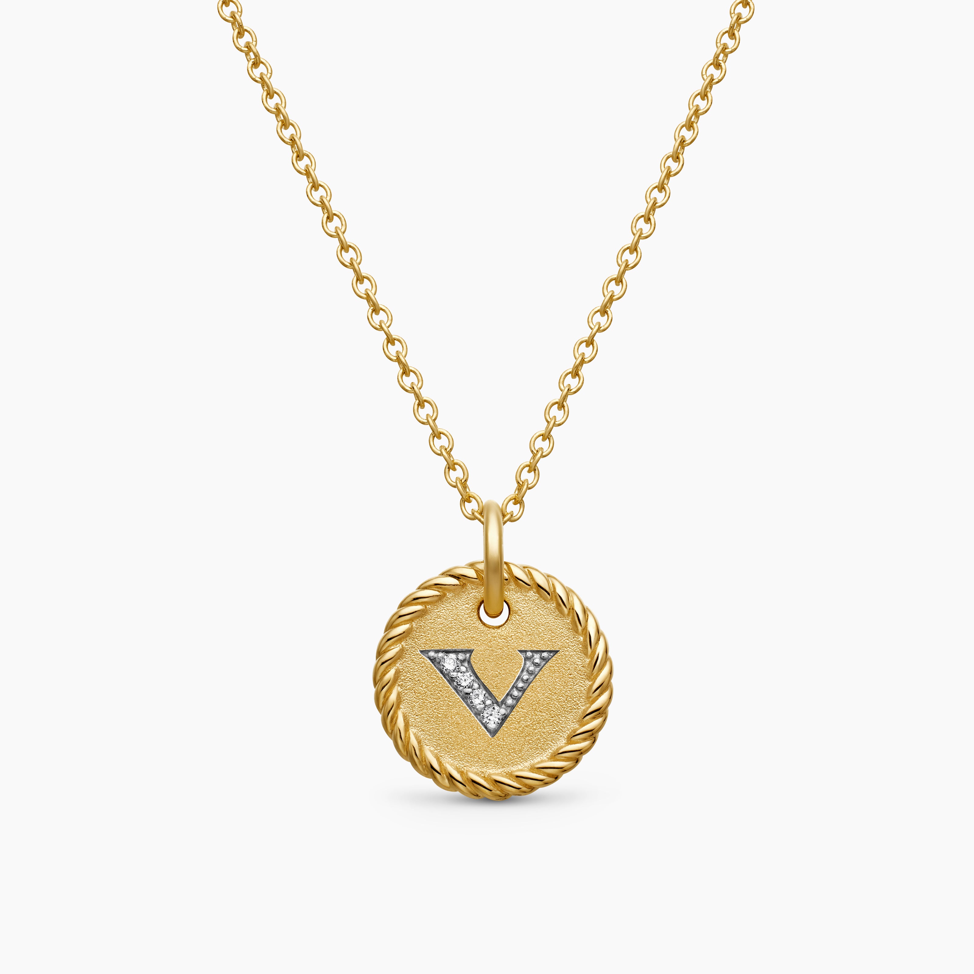 Womens Initial Charm Necklace in 18K Yellow Gold with Diamond V
