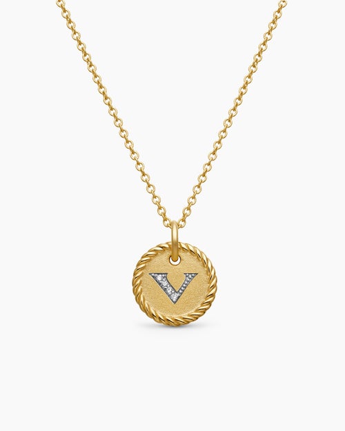 Womens Initial Charm Necklace in 18K Yellow Gold with Diamond V
