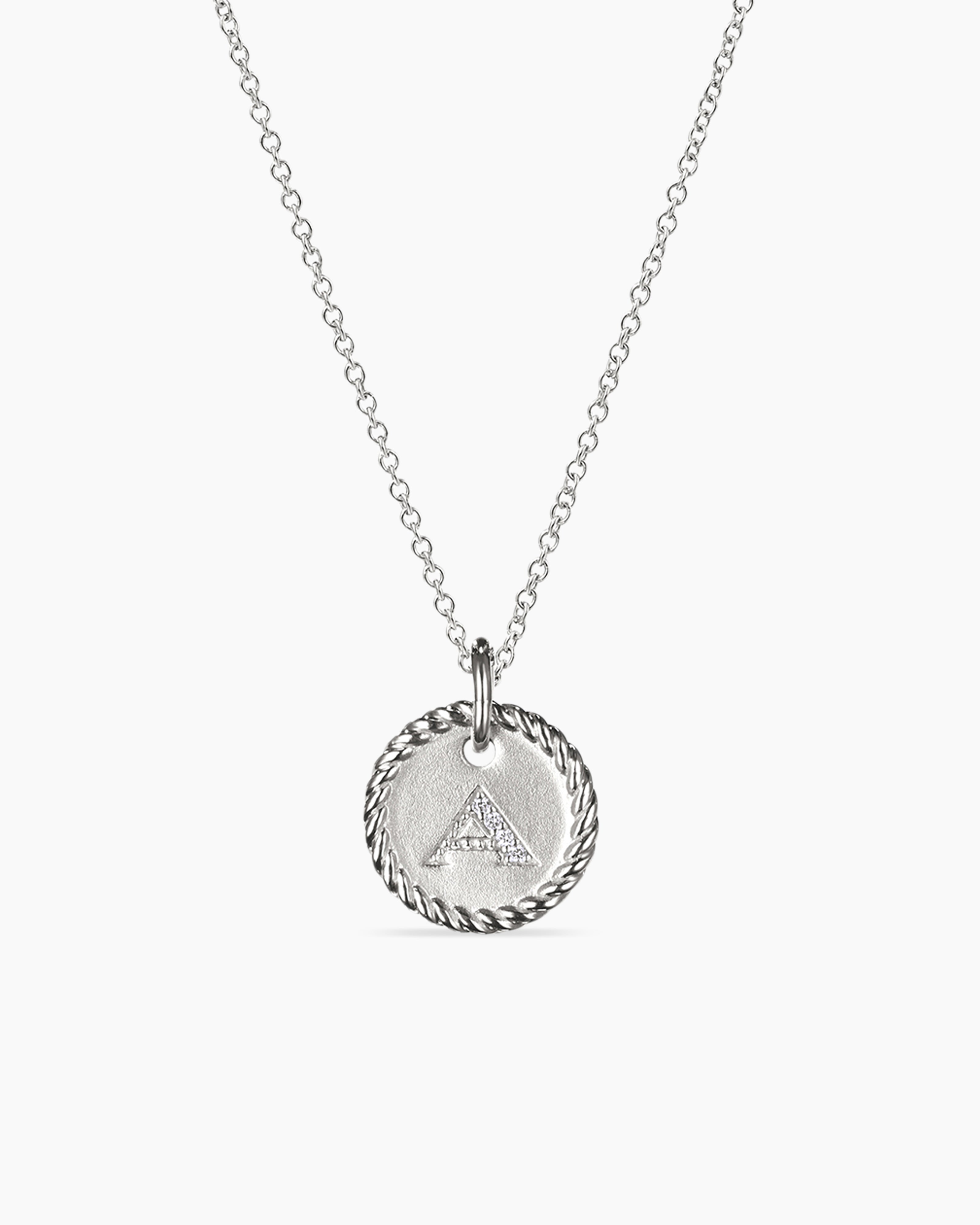 David Yurman Initial Charm Necklace in 18K White Gold with Diamond A Women's Size 18 in