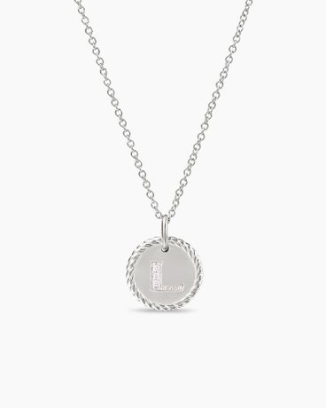 Initial Charm Necklace in 18K White Gold with Diamonds, 10mm