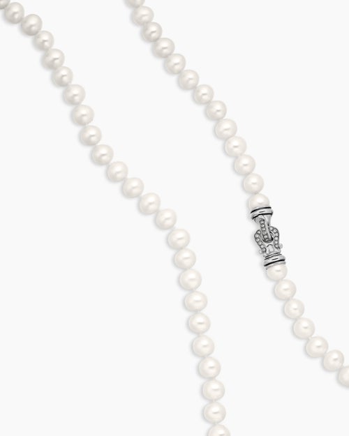 Womens Pearl Strand Necklace in Sterling Silver with Diamonds, 8mm