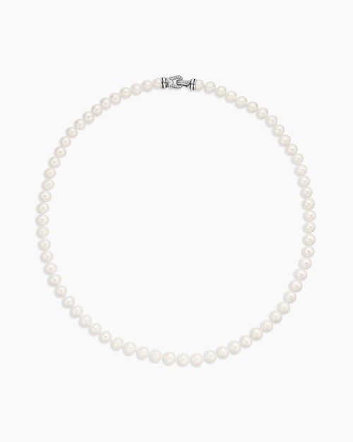 Womens Pearl Strand Necklace in Sterling Silver with Diamonds, 8mm