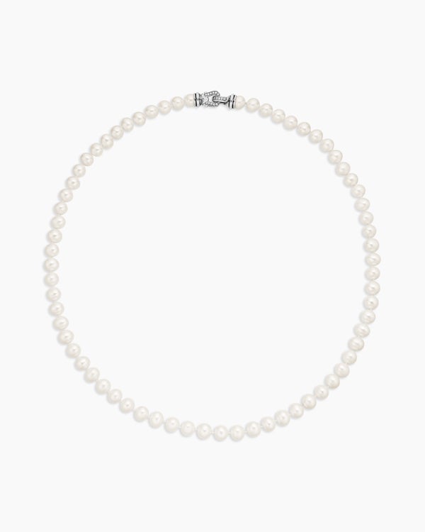 Pearl Strand Necklace in Sterling Silver with Diamonds, 8mm