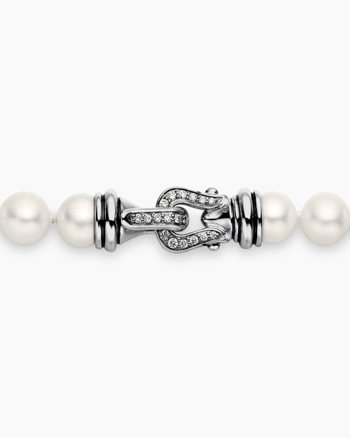 Womens Pearl Strand Necklace in Sterling Silver with Diamonds, 8mm