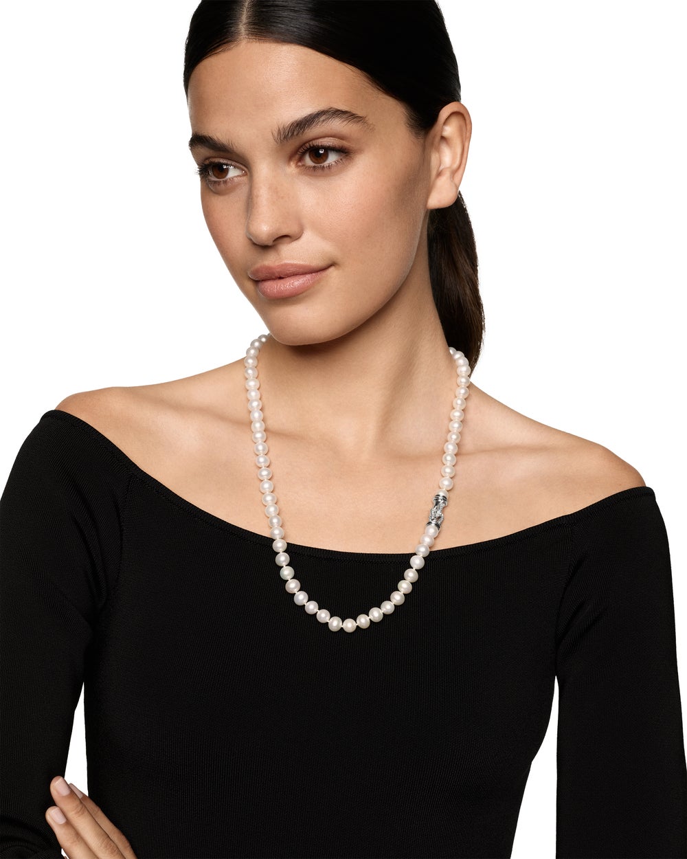 Womens Pearl Strand Necklace in Sterling Silver with Diamonds, 8mm