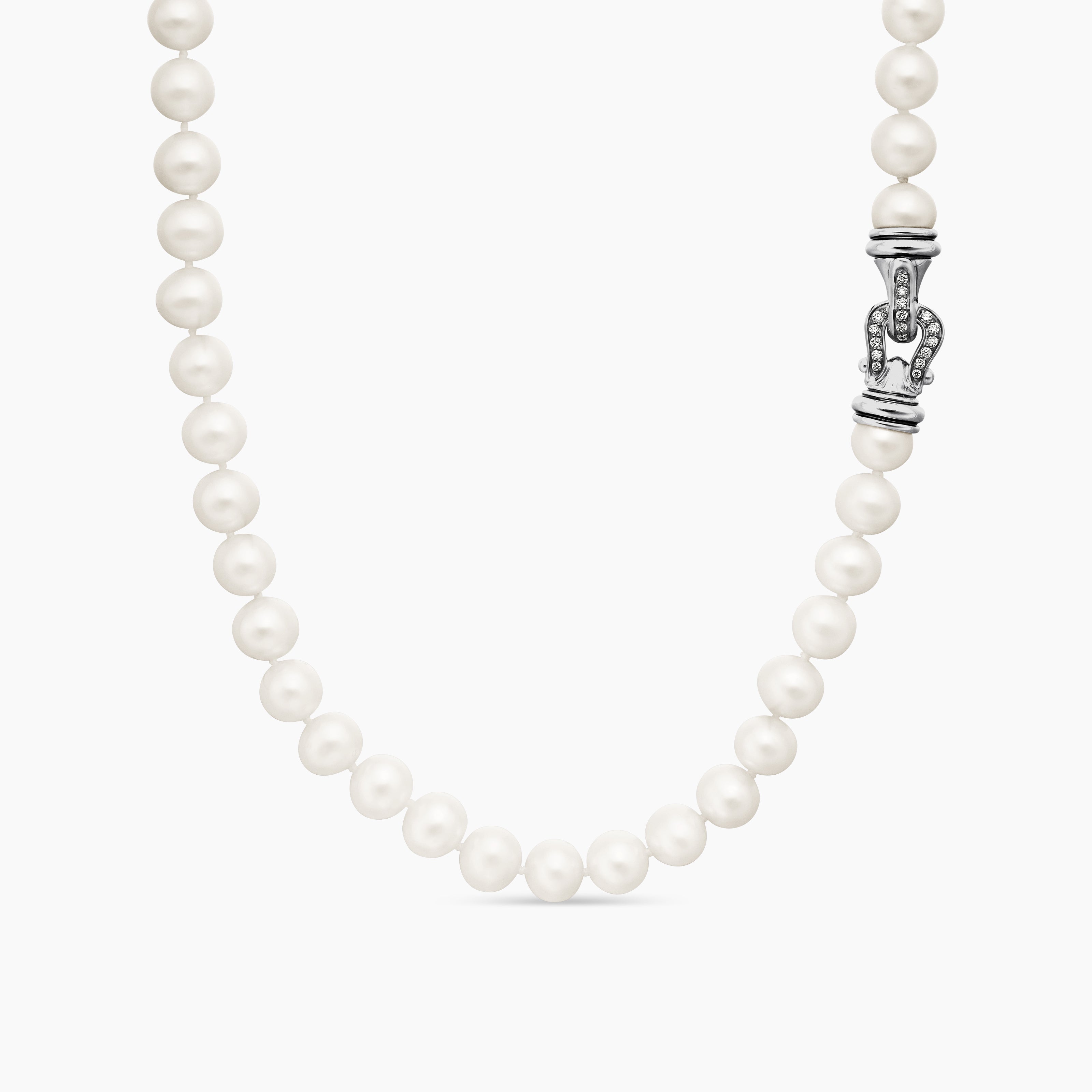 Womens Pearl Strand Necklace in Sterling Silver with Diamonds, 8mm