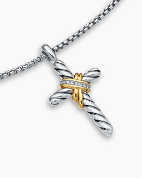 Womens X Cross Necklace in Sterling Silver with 14K Yellow Gold and Diamonds, 31.7mm