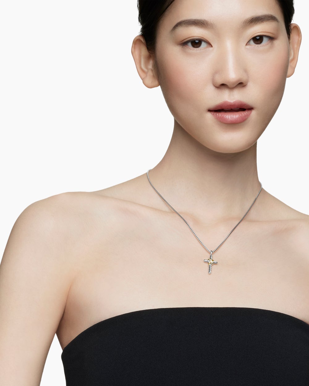 Womens X Cross Necklace in Sterling Silver with 14K Yellow Gold and Diamonds, 31.7mm