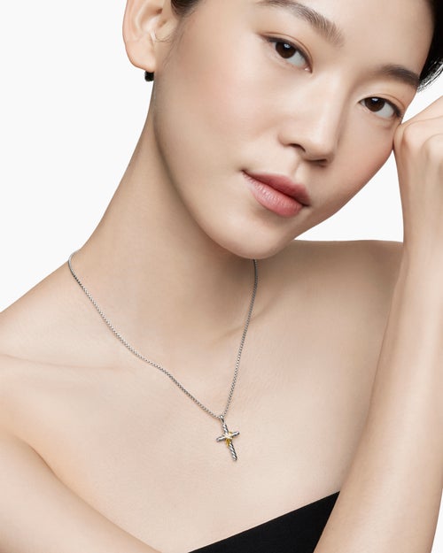 Womens X Cross Necklace in Sterling Silver with 14ct Yellow Gold and Diamonds, 31.7mm