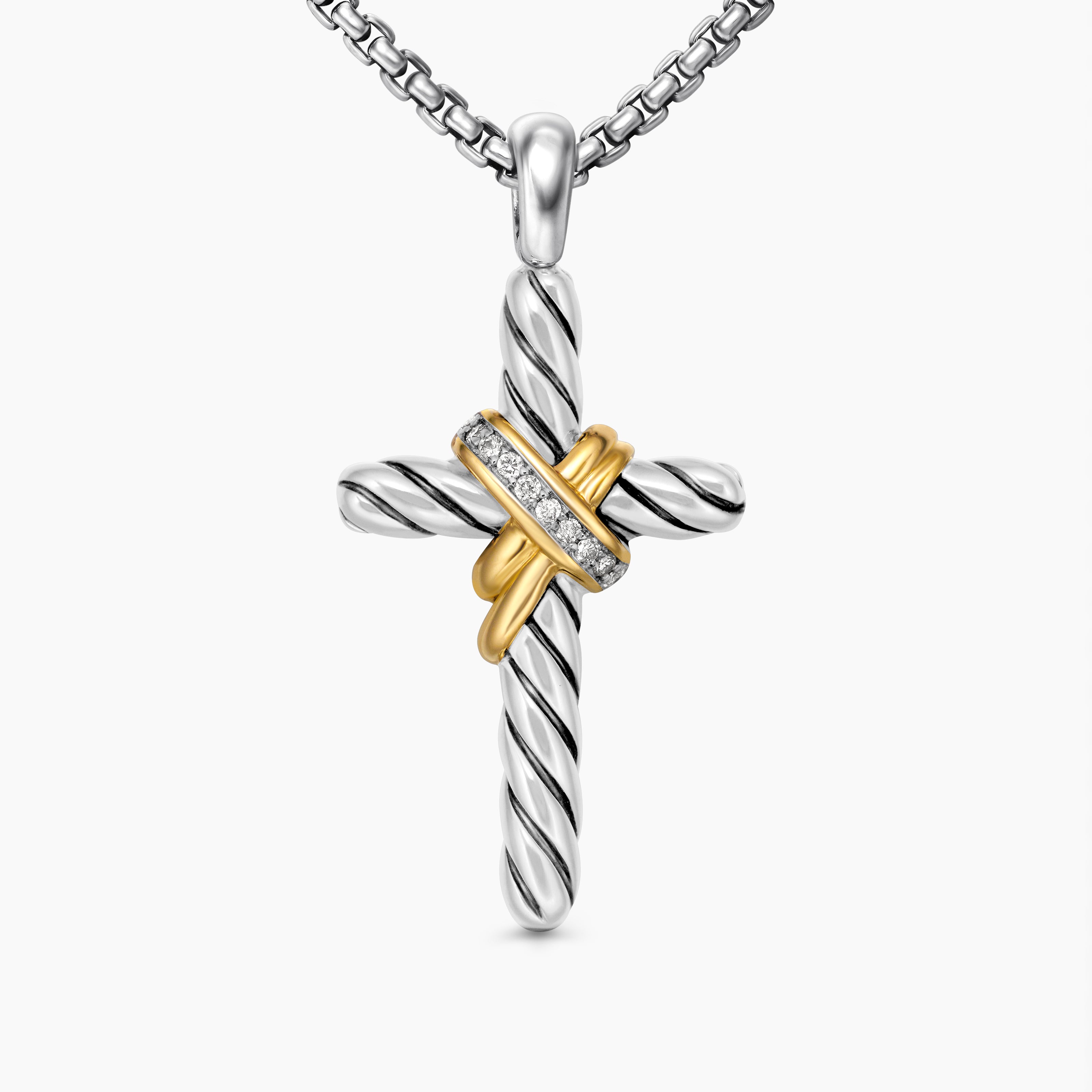 Womens X Cross Necklace in Sterling Silver with 14K Yellow Gold and Diamonds, 31.7mm