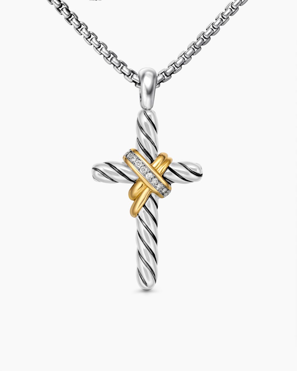 Womens X Cross Necklace in Sterling Silver with 14K Yellow Gold and Diamonds, 31.7mm