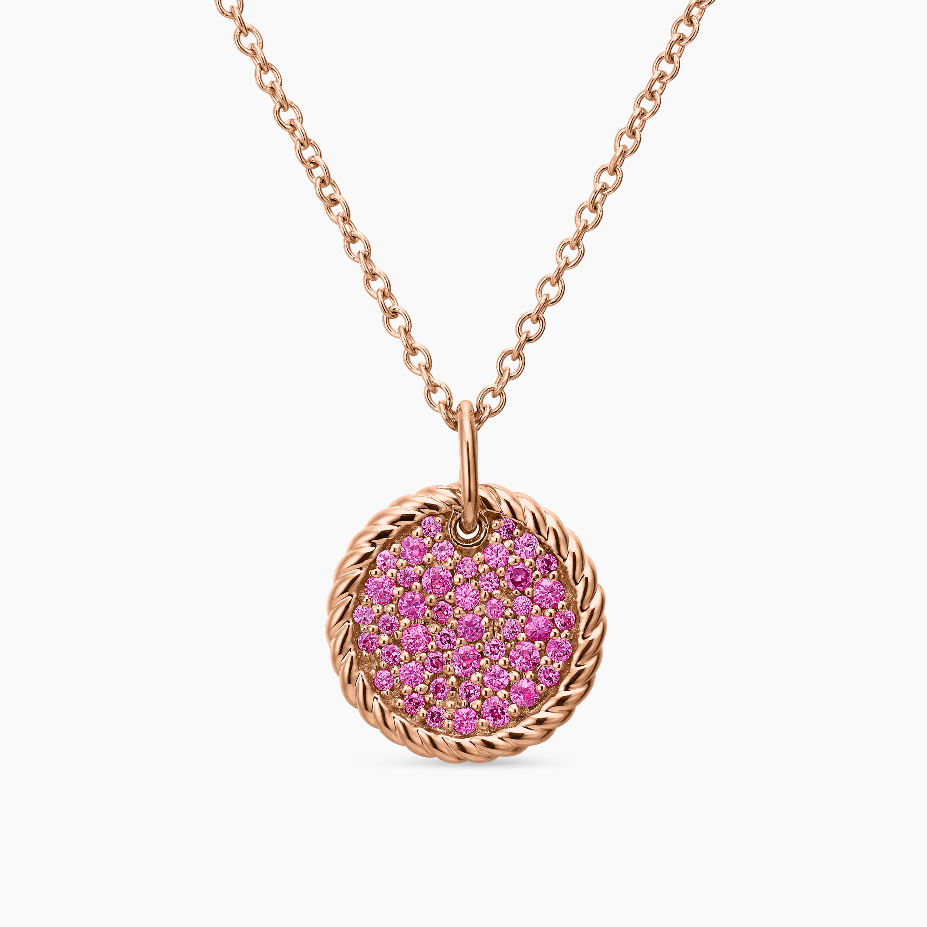 Womens Cable Collectibles&reg; Pav&eacute; Plate Necklace in 18K Rose Gold with Pink Sapphires, 11mm