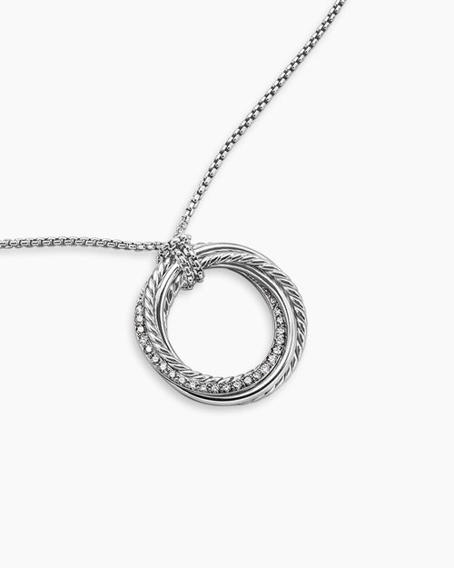 Womens Crossover Pendant Necklace in Sterling Silver with Diamonds, 26mm