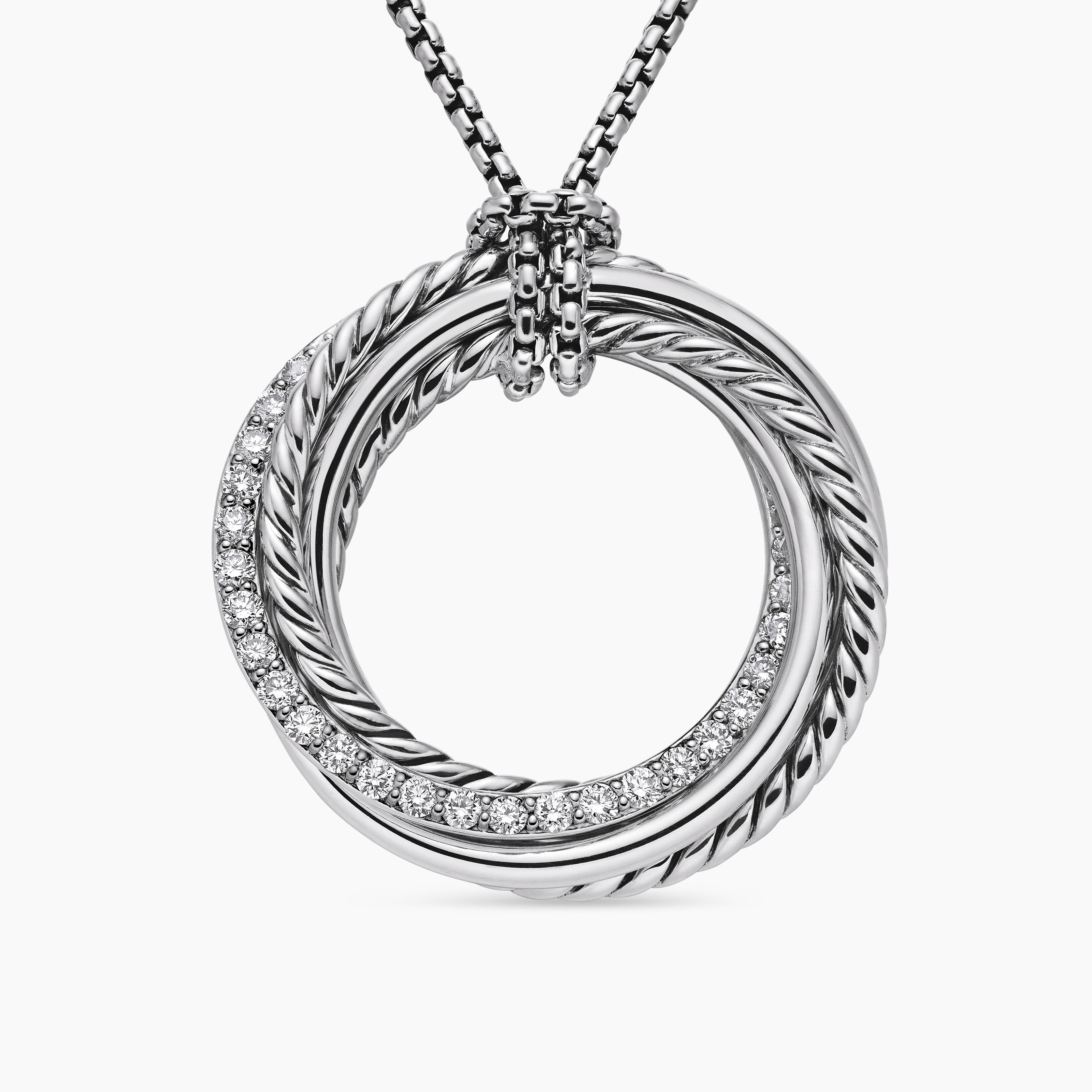 Womens Crossover Pendant Necklace in Sterling Silver with Diamonds, 26mm