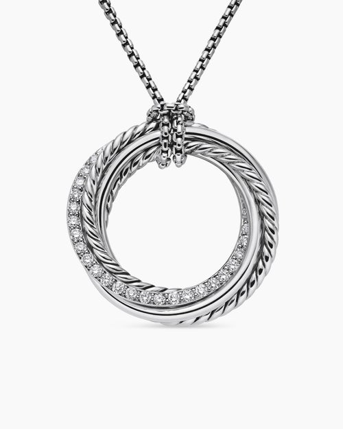 Womens Crossover Pendant Necklace in Sterling Silver with Diamonds, 26mm