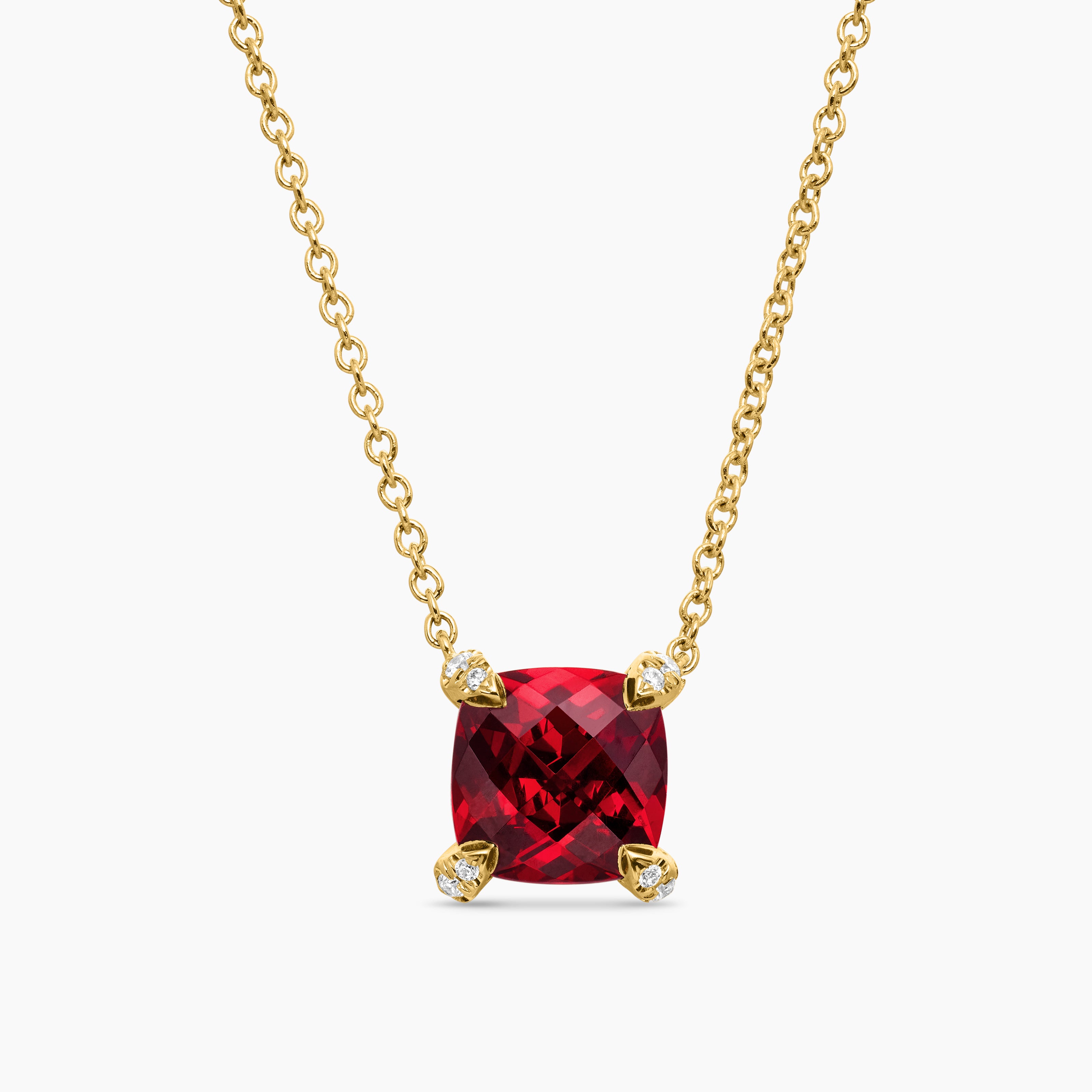 Womens Petite Chatelaine&reg; Pendant Necklace in 18K Yellow Gold with Garnet and Diamonds, 7mm