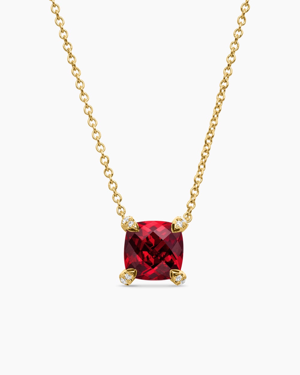 Womens Petite Chatelaine® Pendant Necklace in 18ct Yellow Gold with Garnet and Diamonds, 7mm