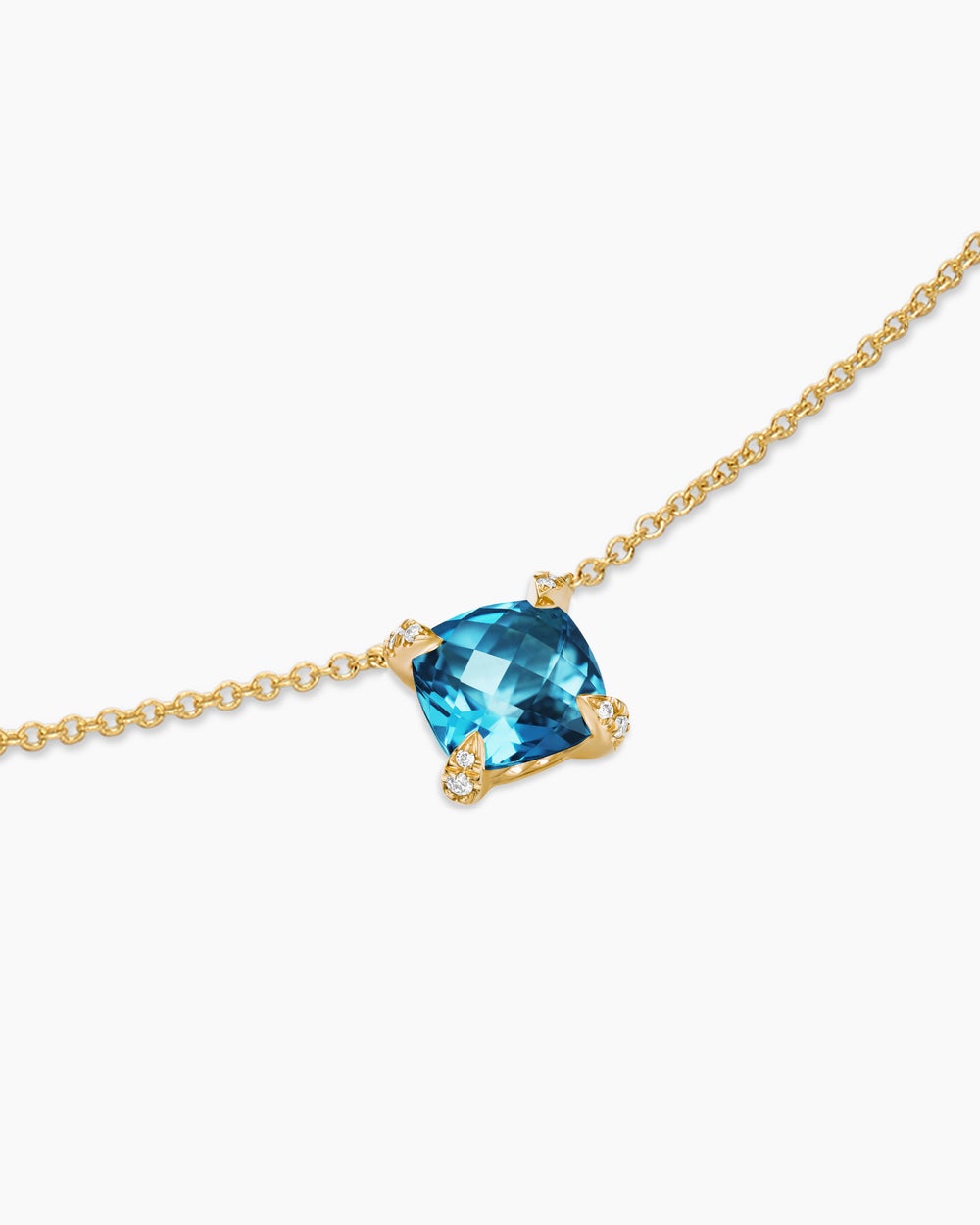 Womens Petite Chatelaine® Pendant Necklace in 18ct Yellow Gold with Hampton Blue Topaz and Diamonds, 7mm