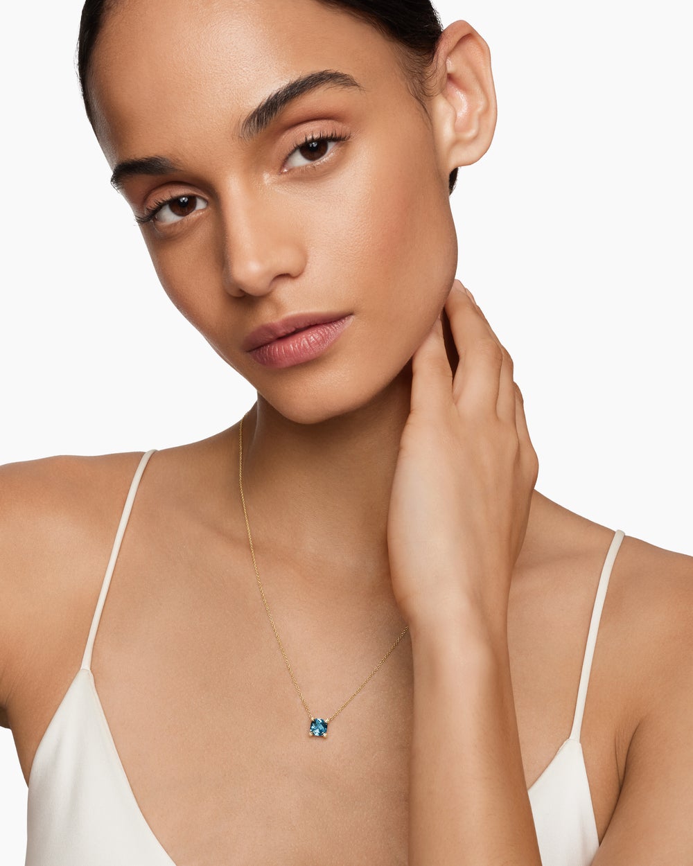 Womens Petite Chatelaine® Pendant Necklace in 18ct Yellow Gold with Hampton Blue Topaz and Diamonds, 7mm