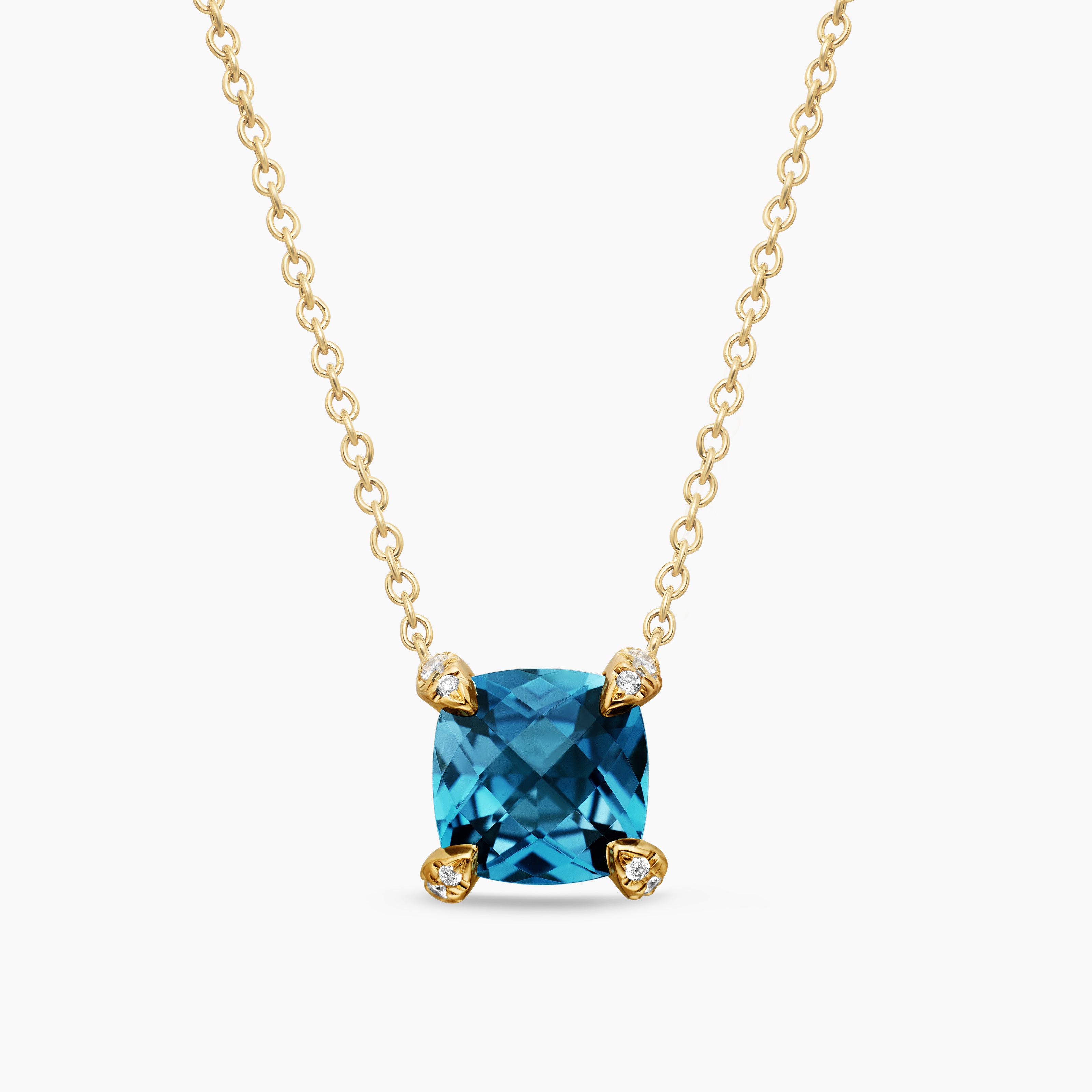 Womens Petite Chatelaine&reg; Pendant Necklace in 18K Yellow Gold with Hampton Blue Topaz and Diamonds, 7mm