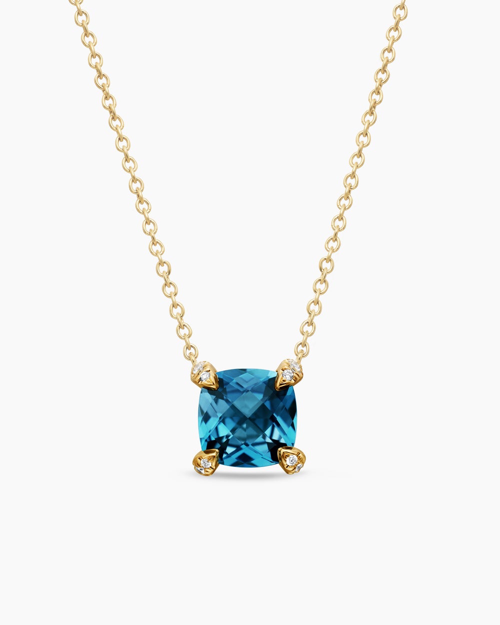 Womens Petite Chatelaine® Pendant Necklace in 18ct Yellow Gold with Hampton Blue Topaz and Diamonds, 7mm