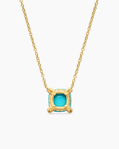 Womens Petite Chatelaine® Pendant Necklace in 18K Yellow Gold with Turquoise and Diamonds, 7mm