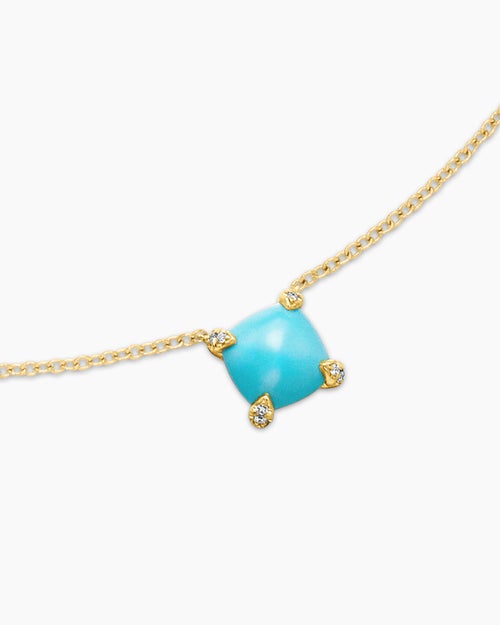 Womens Petite Chatelaine® Pendant Necklace in 18K Yellow Gold with Turquoise and Diamonds, 7mm