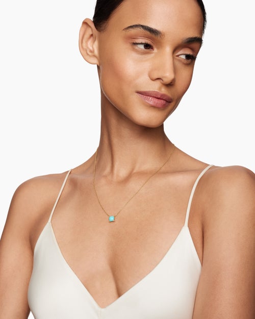 Womens Petite Chatelaine® Pendant Necklace in 18K Yellow Gold with Turquoise and Diamonds, 7mm