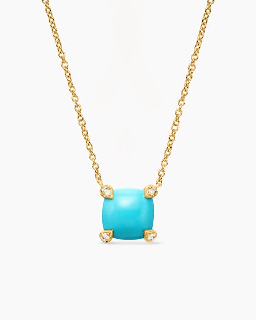 Womens Petite Chatelaine® Pendant Necklace in 18K Yellow Gold with Turquoise and Diamonds, 7mm