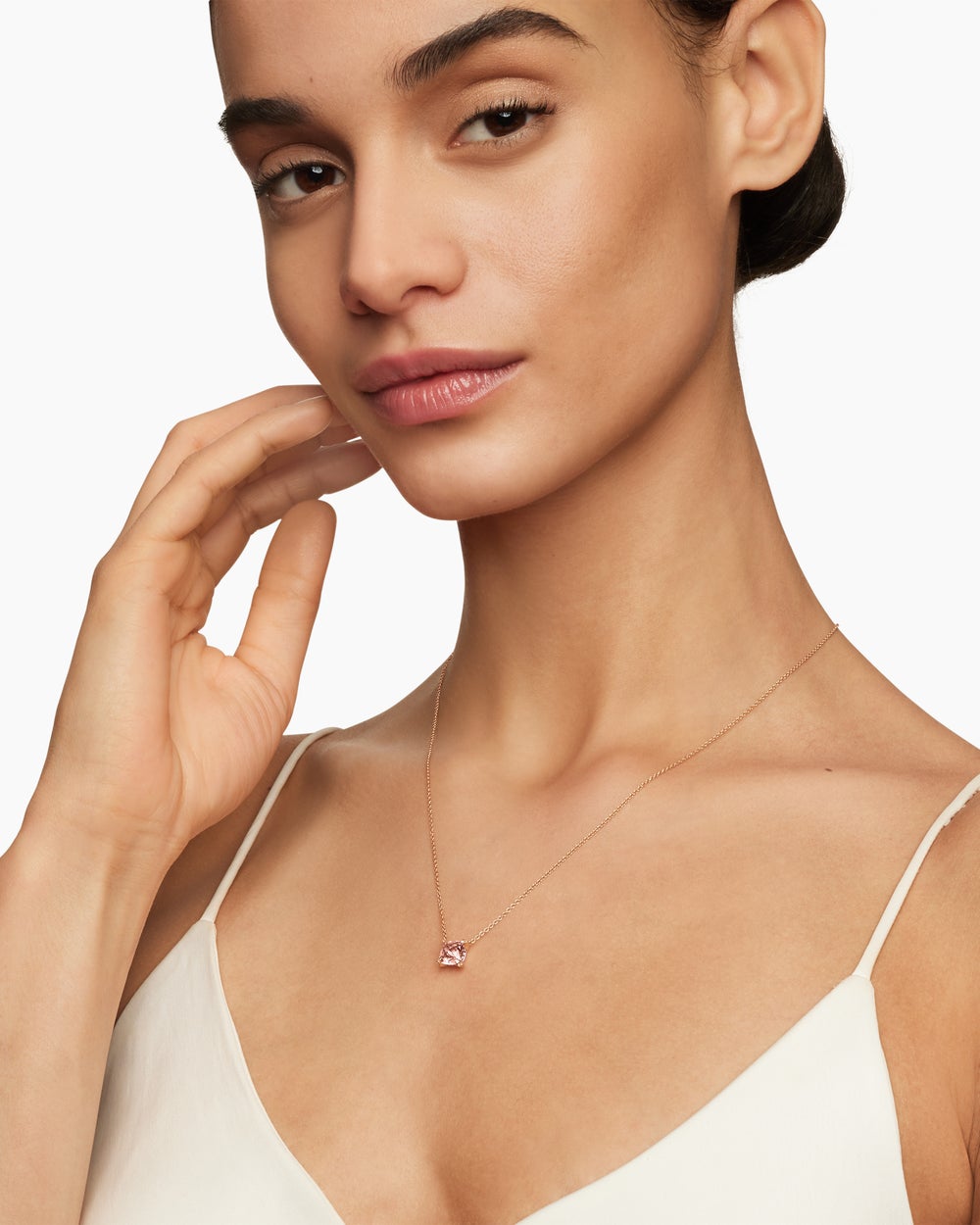 Womens Petite Chatelaine® Pendant Necklace in 18ct Rose Gold with Morganite and Diamonds, 7mm