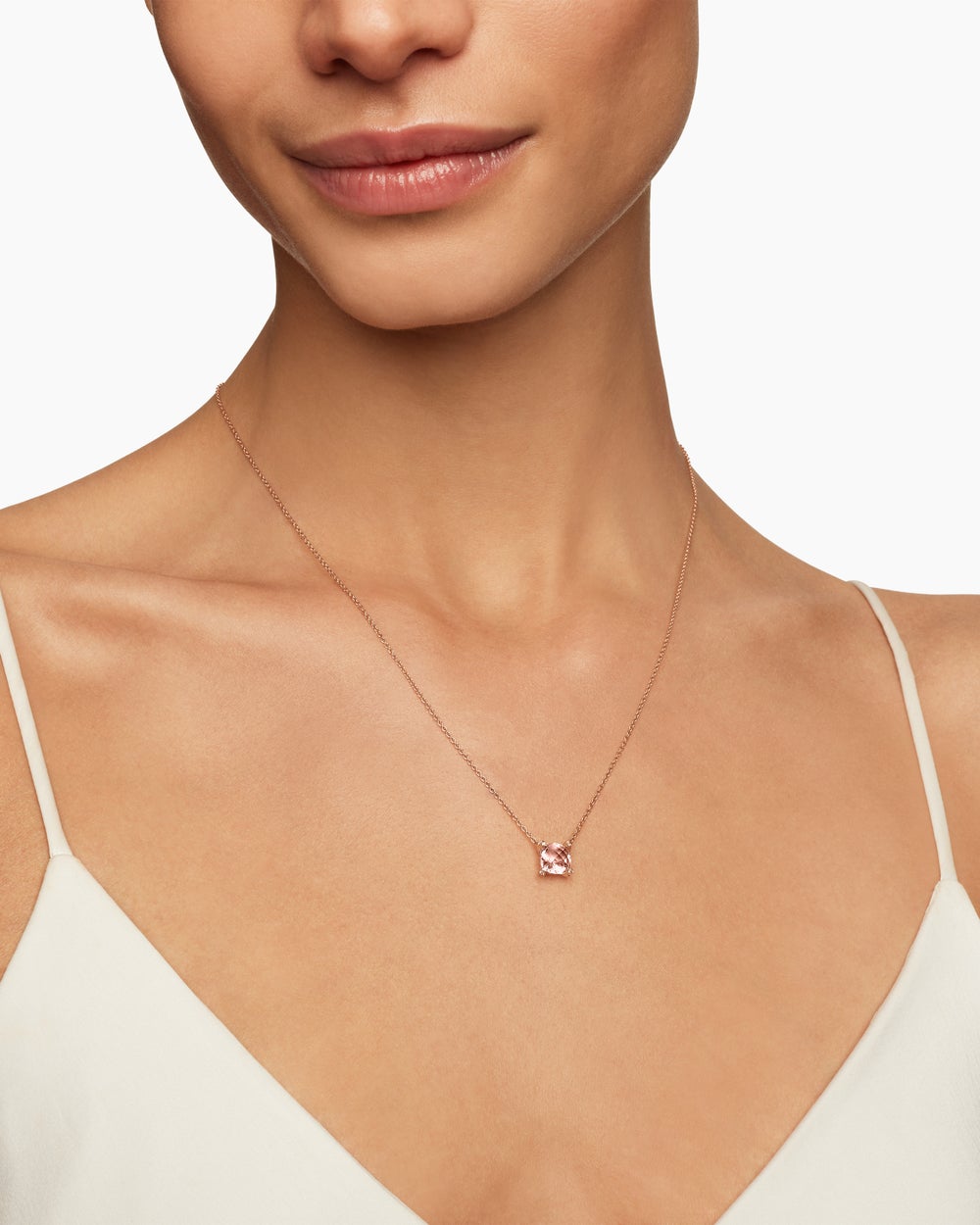 Womens Petite Chatelaine® Pendant Necklace in 18ct Rose Gold with Morganite and Diamonds, 7mm