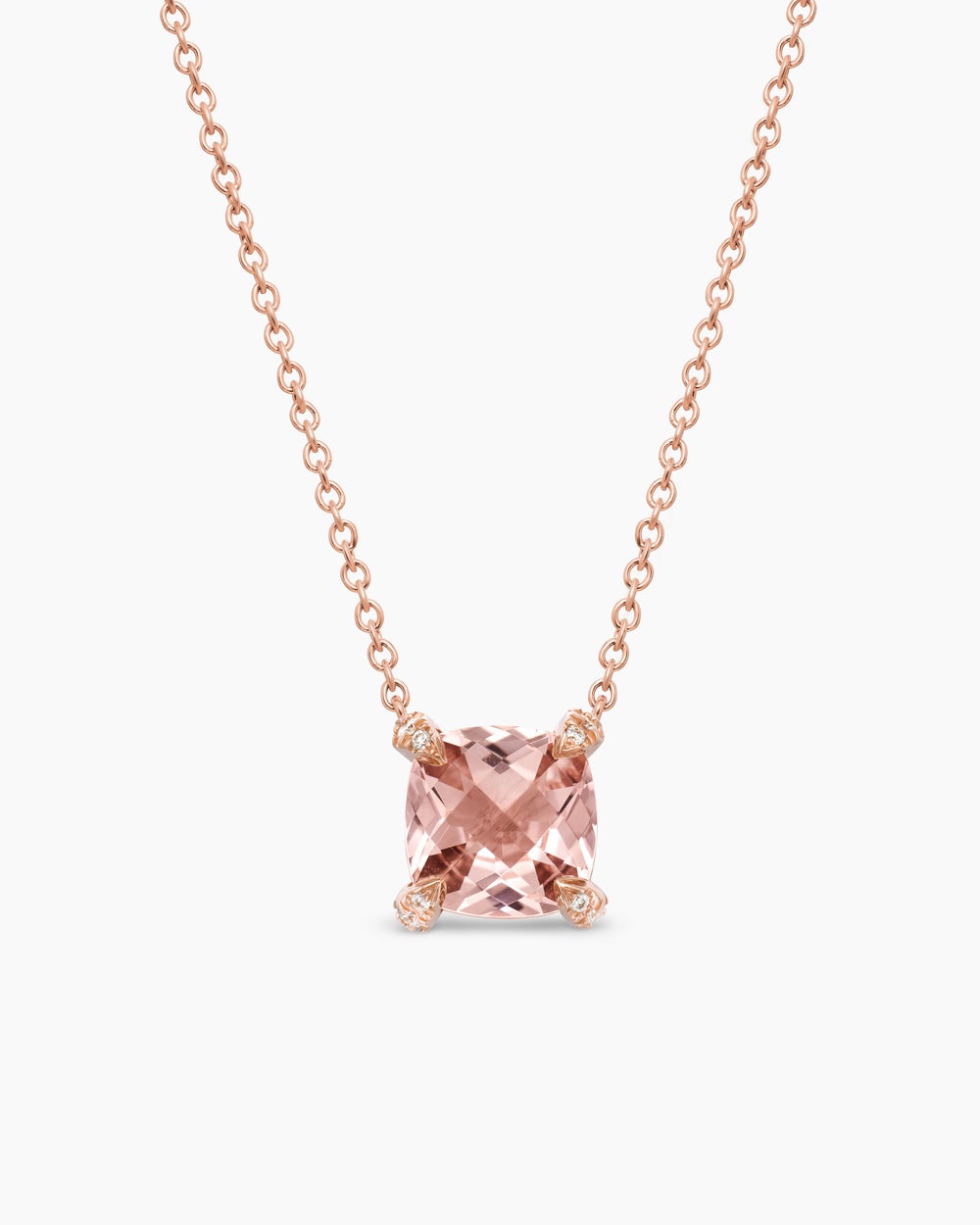 Womens Petite Chatelaine® Pendant Necklace in 18ct Rose Gold with Morganite and Diamonds, 7mm