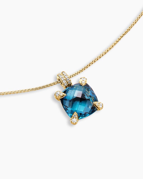Chatelaine® Pendant Necklace in 18K Yellow Gold with Hampton Blue Topaz and Diamonds, 11mm