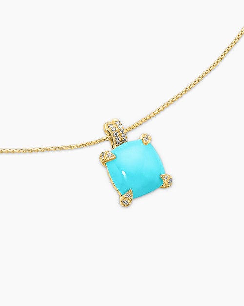 Womens Chatelaine® Pendant Necklace in 18K Yellow Gold with Turquoise and Diamonds, 11mm