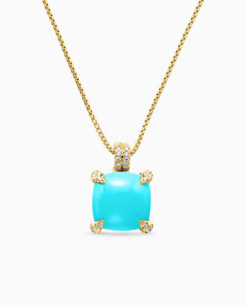 Womens Chatelaine® Pendant Necklace in 18K Yellow Gold with Turquoise and Diamonds, 11mm