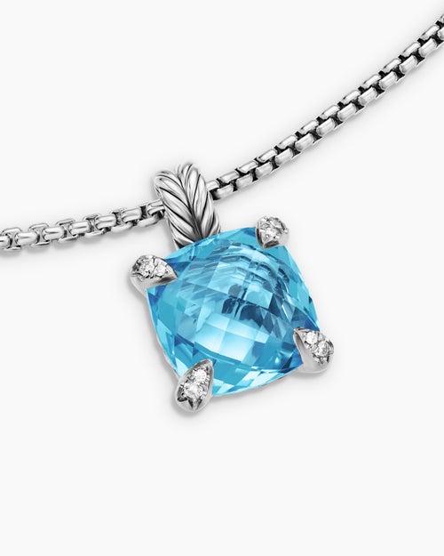 Womens Chatelaine® Pendant Necklace in Sterling Silver with Blue Topaz and Diamonds, 11mm